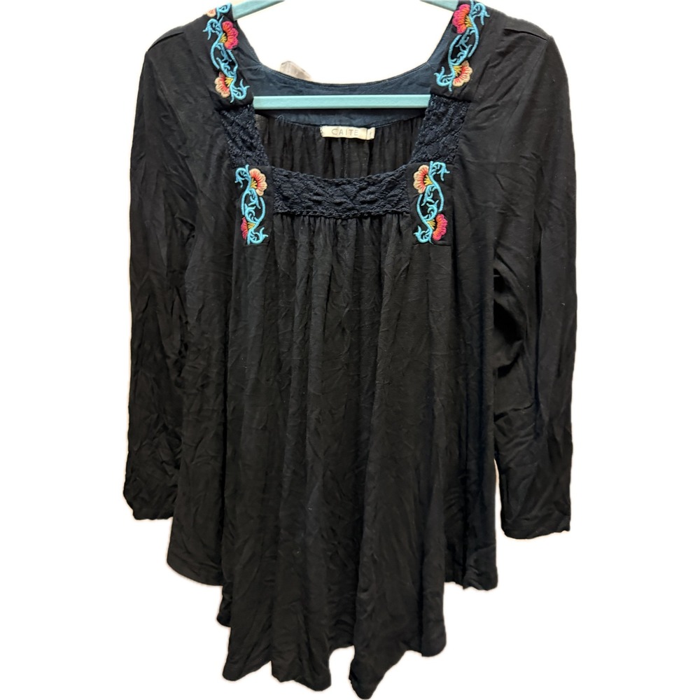 Caite Womens Black Embroidered Floral Crochet Lace Square Neck Blouse Large